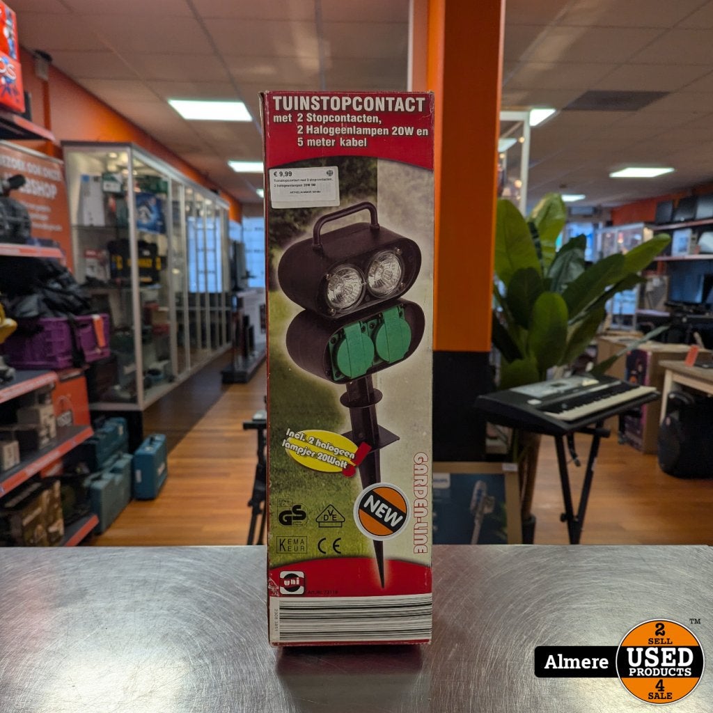 Tuinstopcontact met 2 stopcontacten, 2 halogeenlampen 20W 5M, Gardena, Gebruikt, Support@gardena.com, Gardena GmbH, Hans-Lorenser-StraÃŸe 40, 
89079 Ulm
Germany