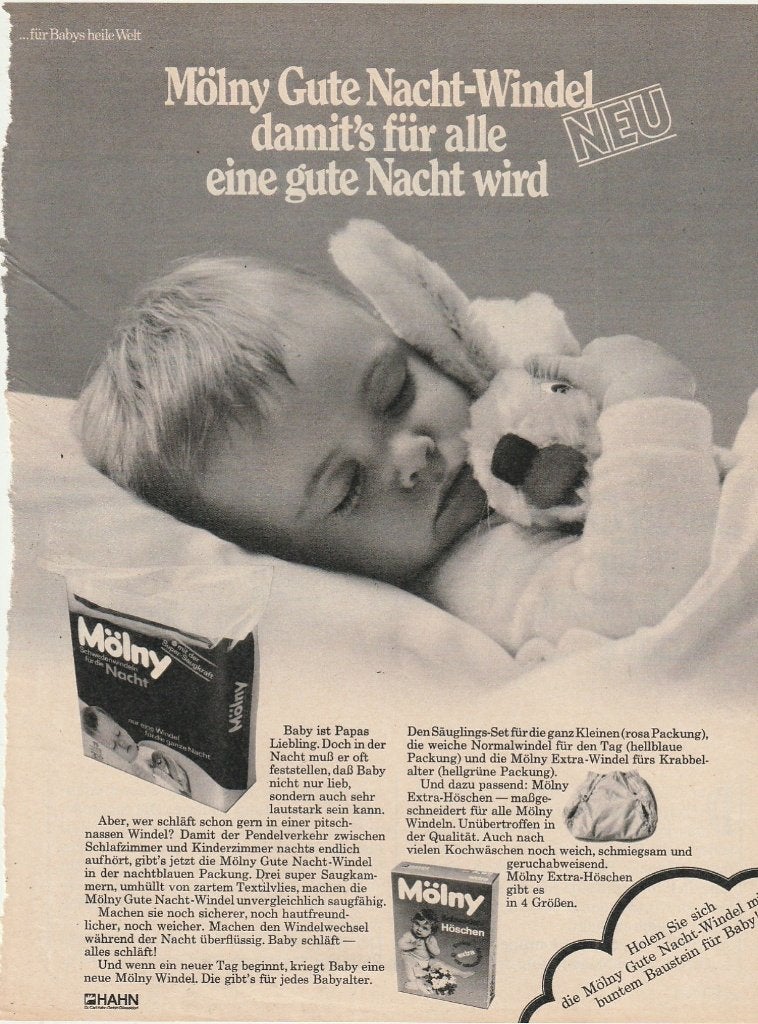 Retro reclame 1972 Mölny baby nacht luiers en broekjes, Verzenden, Overige typen