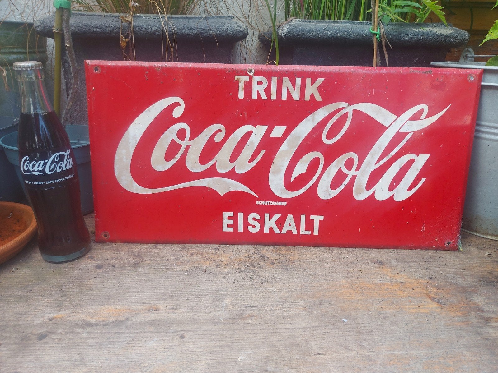 Oud reclamebord Coca-Cola + oude fles, Ophalen of Verzenden, Reclamebord
