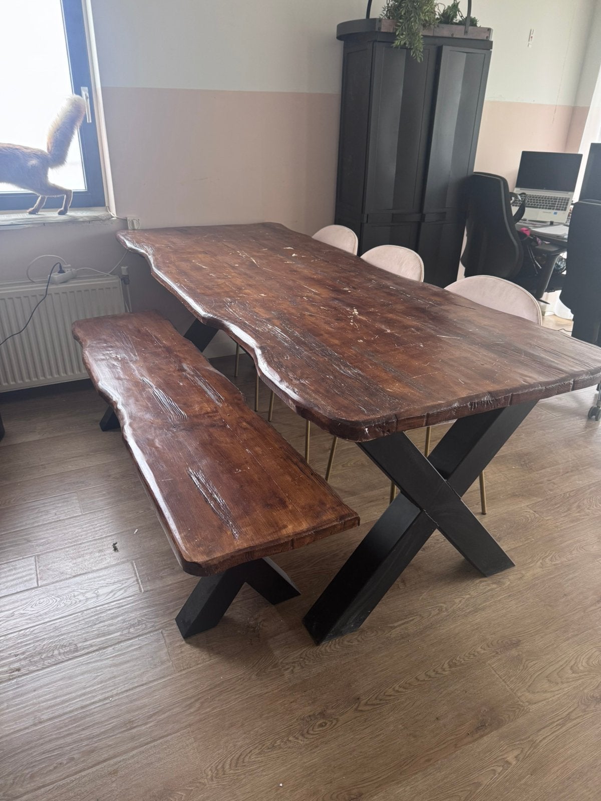 Eettafel set met bank en 3 stoelen boomstamlook, Huis en Inrichting, Ophalen, Gebruikt, 200 cm of meer, 50 tot 100 cm