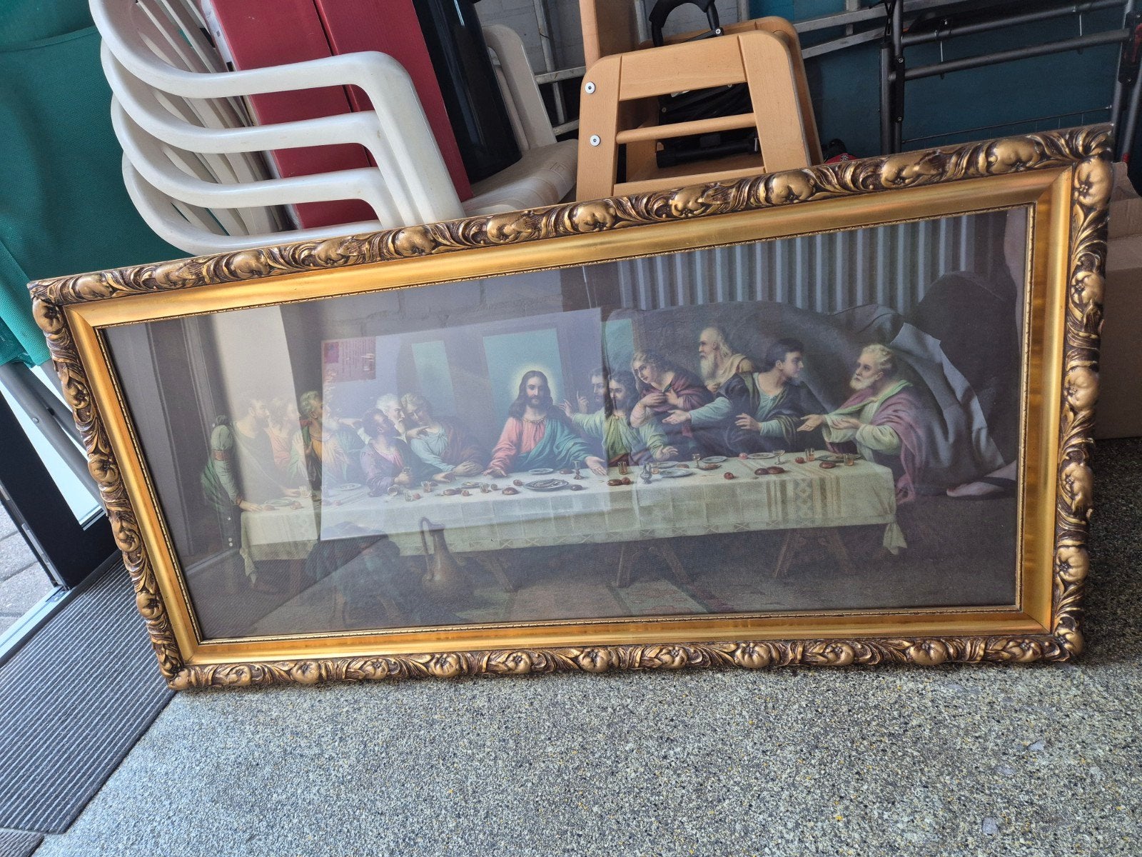 Groot schilderij 'Het Laatste Avondmaal' in gouden lijst, Ophalen