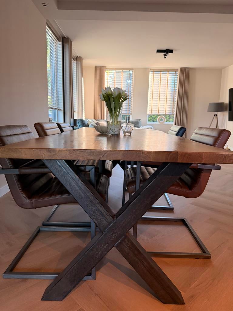 Boomstam Eettafel 220x100 cm met X-poot, Ophalen, Gebruikt, 100 tot 150 cm, 200 cm of meer