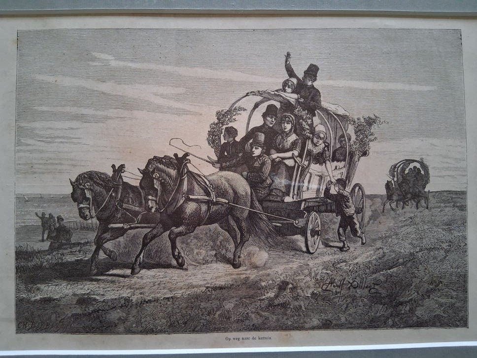 Antieke Gravure: Op weg naar de kermis (Gesigneerd), Dagelijks leven, 1800 - 1899, Ophalen of Verzenden, Gravure