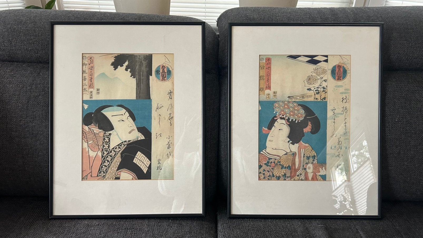 Set van 2 Org Japanse Houtsnedes (Ukiyo-e) - Utagawa School, Antiek en Kunst, Kunst | Niet-Westerse kunst, Schilderij, Japan, Natuurlijk materiaal