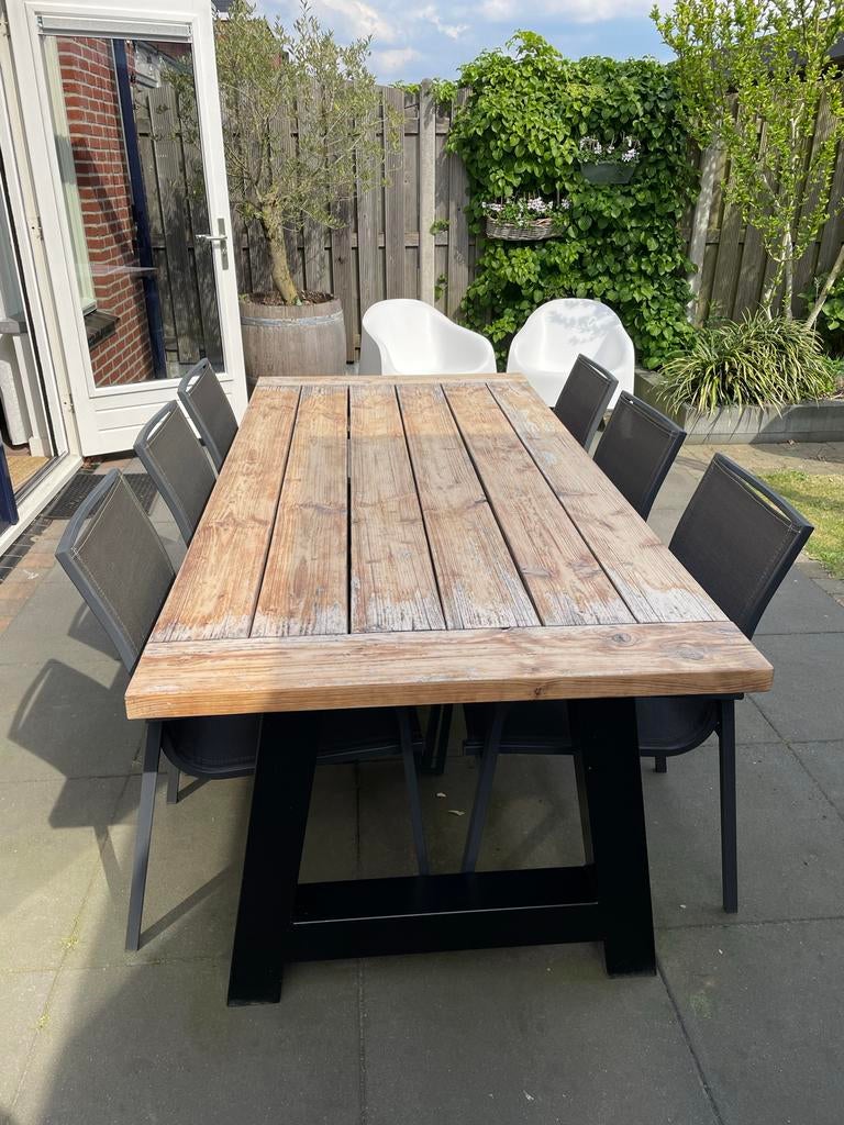 Tuintafel (hout/metaal) met 6 stapelbare stoelen, Tuin en Terras, Ophalen, Gebruikt, 6 zitplaatsen, Tuinset