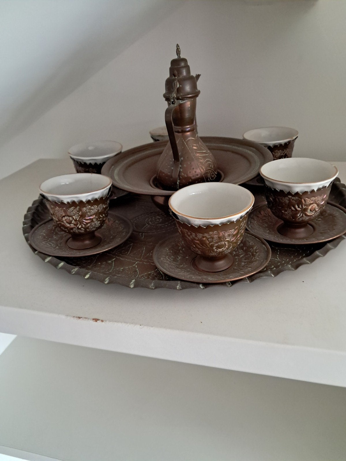 Arabisch koffieservies met warmhouder - Koper, Antiek en Kunst, Antiek | Koper en Brons, Ophalen