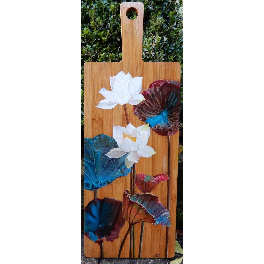 Schilderij boeket lotusbloemen op hout voor huis of tuin, Ophalen of Verzenden, Nieuw