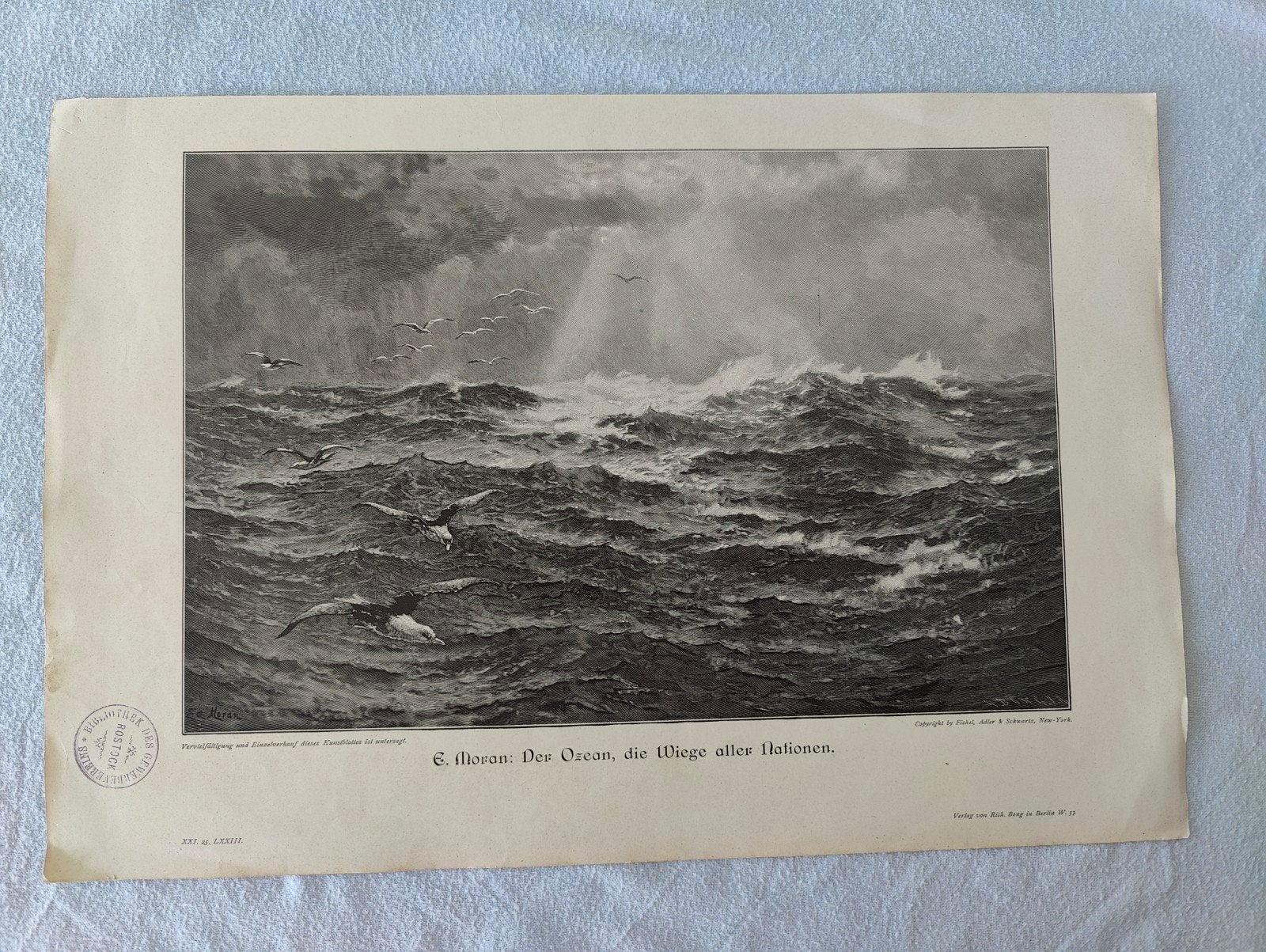 E. Moran: De Oceaan, de wieg van alle naties - Gravure, 1800 - 1899, Met tekst, Ophalen of Verzenden, Gravure
