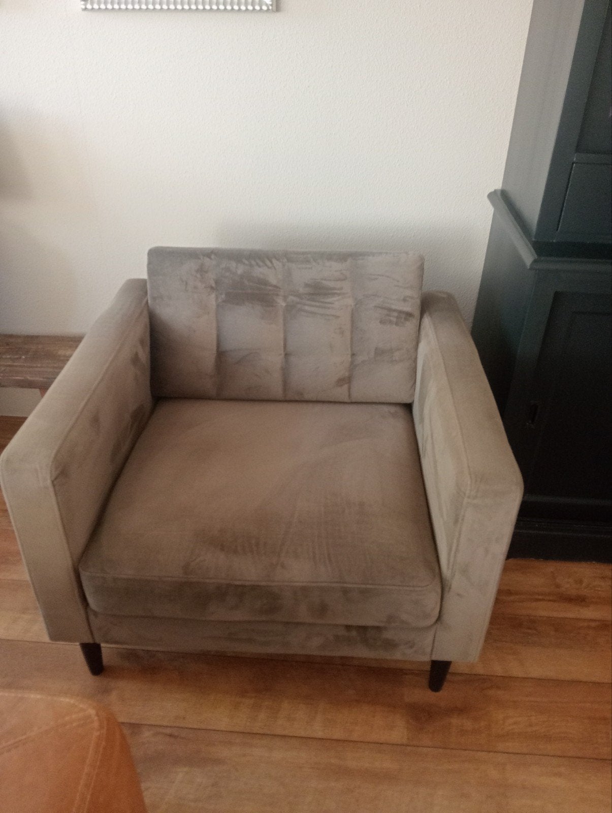 Comfortabele  fauteuil , woood olijfgoud , taupe, khaki.., Ophalen, 75 tot 100 cm, Zo goed als nieuw, Stof