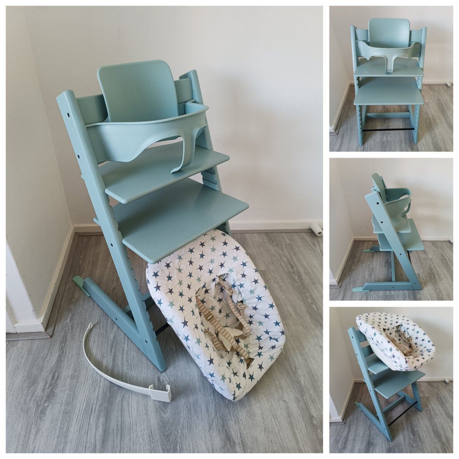 Stokke Tripp Trapp aqua blue+babyset,newbornset,extra hoes, Meegroeistoel, Ophalen of Verzenden, Zo goed als nieuw, Aanschuifbaar