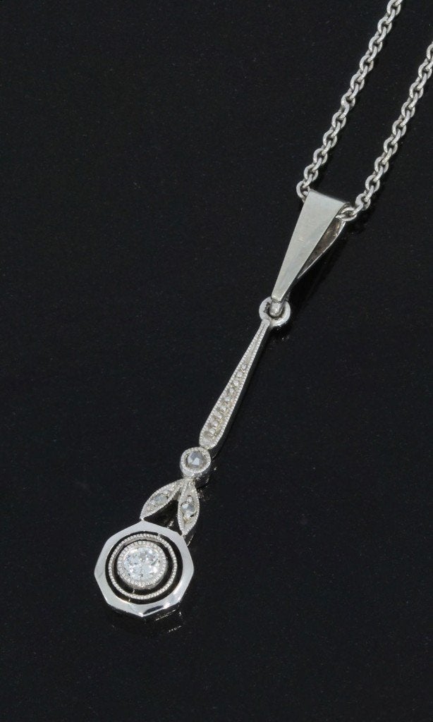 Diamanten art deco 18k goud ketting en hanger antiek fraai, Ophalen of Verzenden, Goud, Ketting, Met edelsteen