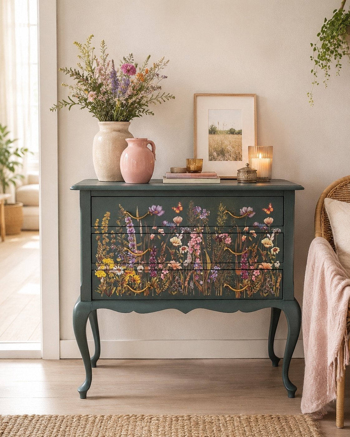 Donker groen queen ann ladenkast met bloemenprint, Ophalen, Gebruikt, 3 of 4 laden, Minder dan 100 cm