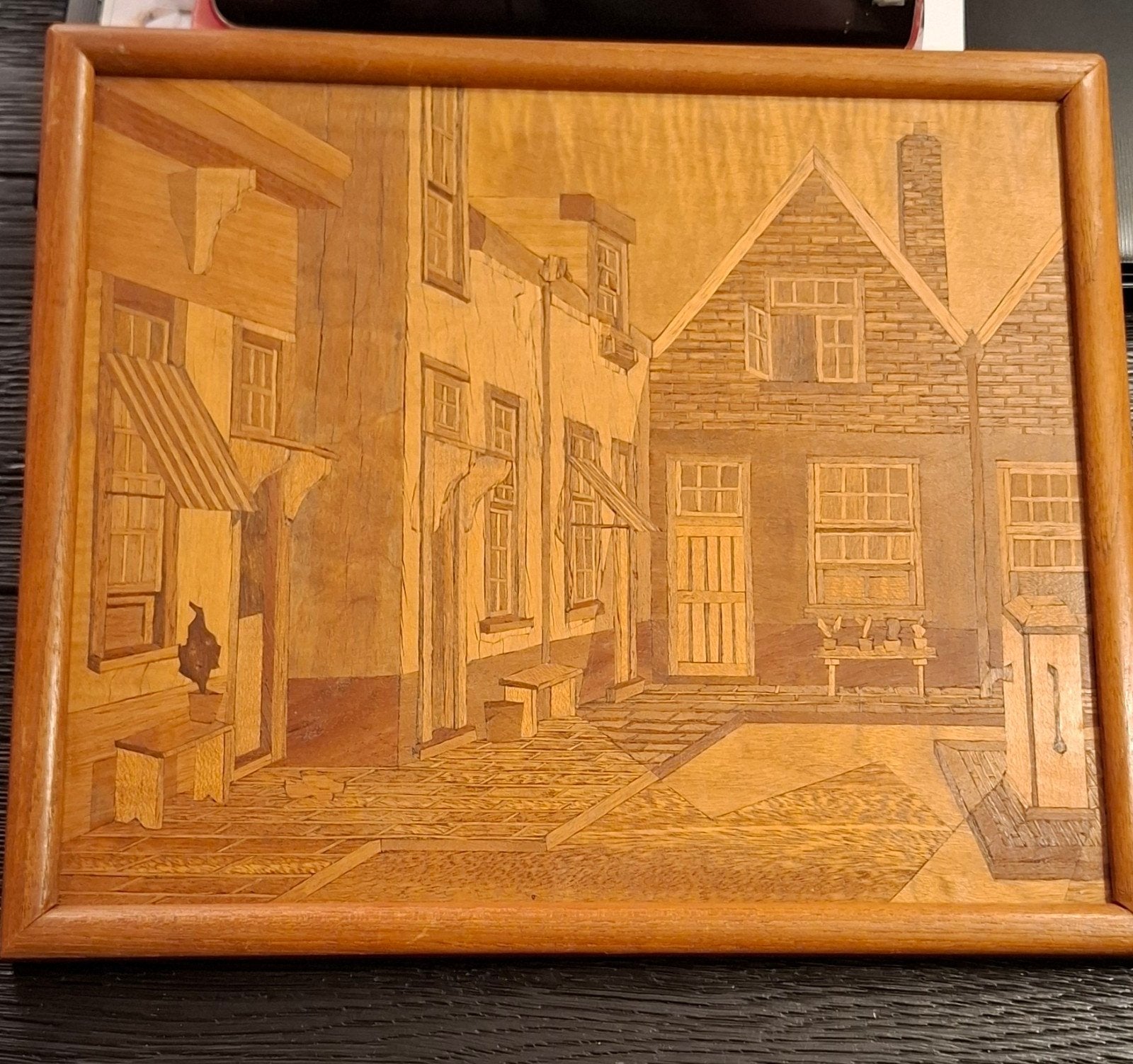 Uniek Houten Maqueterie Schilderij - Dorpsgezicht, Ophalen of Verzenden, Zo goed als nieuw, Grafische vormgeving