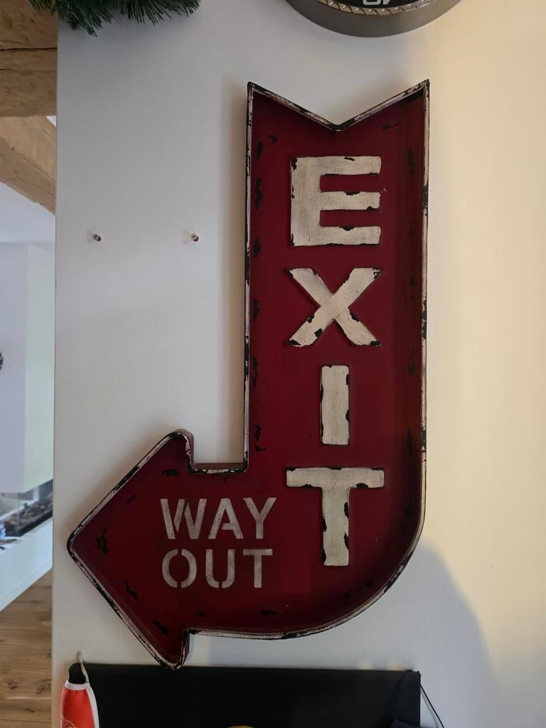 Vintage 'EXIT WAY OUT' metalen bord, Ophalen, Vintage, Gebruikt, Metaal