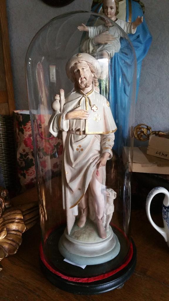 Prachtig beeld van heilige Rochus onder antieke glazen stolp, Ophalen of Verzenden
