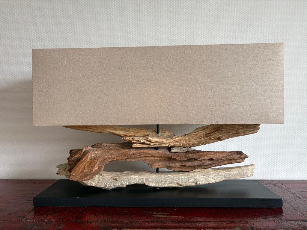 Unieke lamp; drijfhout met beige linnen kap - Tafellamp XL, Beige, Ophalen, Natuurlijk materiaal, Met kap