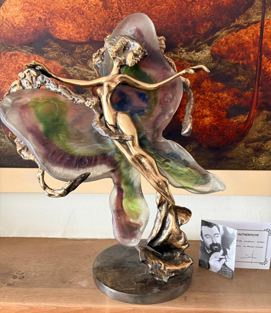 Sculptuur uit brons en glaspasta ‘Nymphéa’ van Yves Lohe, Ophalen, Brons, Beeld