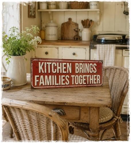 Tekstbord, oude look, Kitchen brings fam.... 50 cm. x 20 cm., Nieuw, Clayre en eef, Ophalen of Verzenden, Clayre en eef
