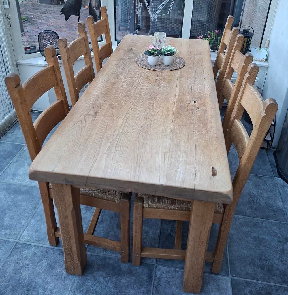 Robuuste eikenhouten eettafel met 6 stoelen, Huis en Inrichting, Tafels | Eettafels, Gebruikt, Eikenhout, Vijf personen of meer