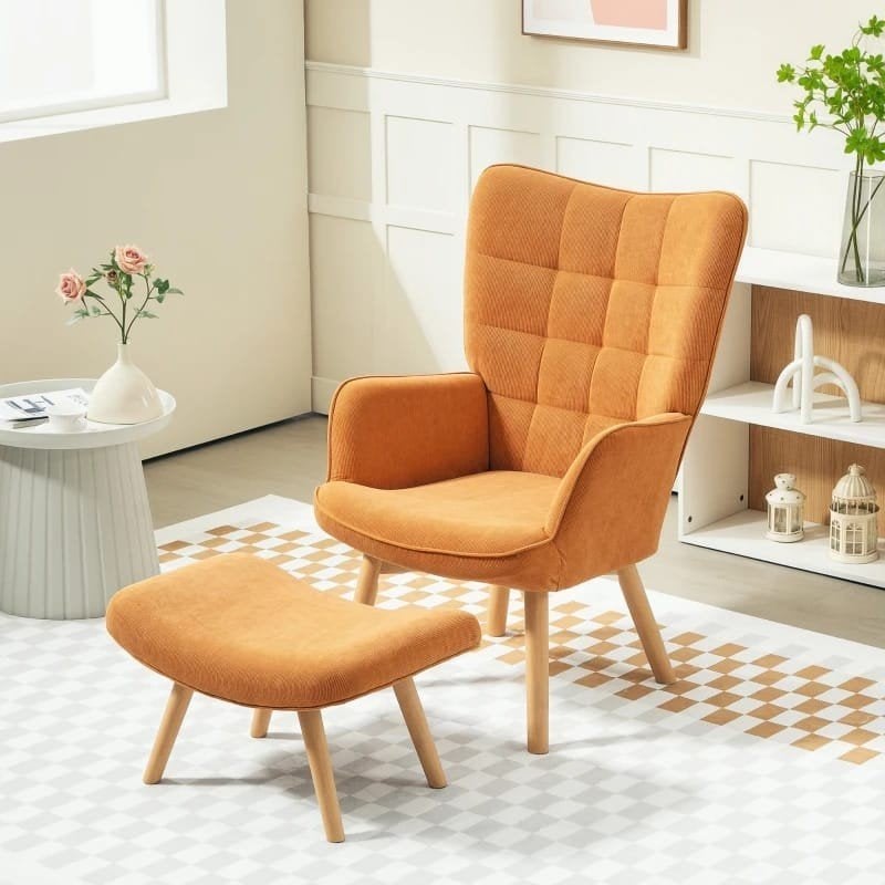 tv stoel  fauteuil met voetenbank - Oranje ribfluweel, Hout, Modern, Comfortabel, Scandinavisch, Overige kleuren, Nieuw