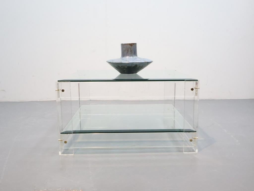 Vintage Acryl & Glas Salontafel | Vierkant met Gouden Bouten, Ophalen, Gebruikt, 50 tot 100 cm, .