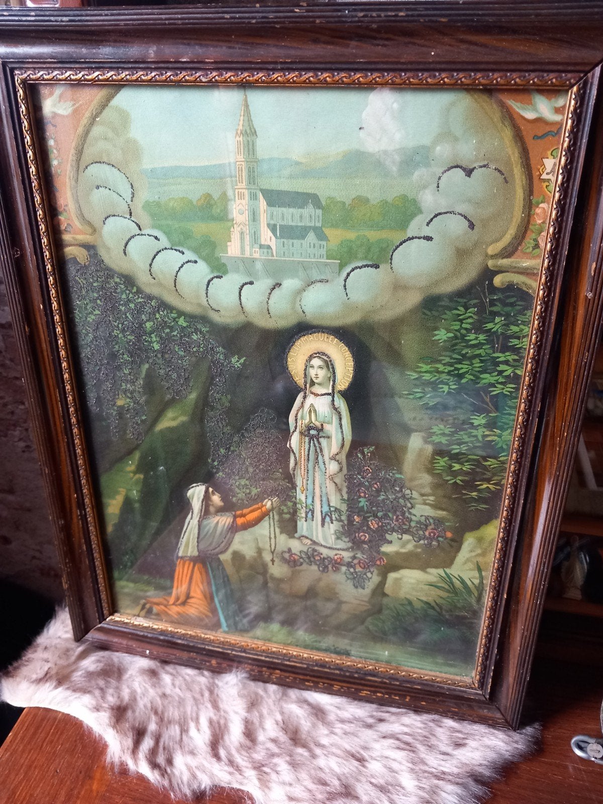 Antieke religieuze prent met ingelegd materiaal Maria, Ophalen of Verzenden