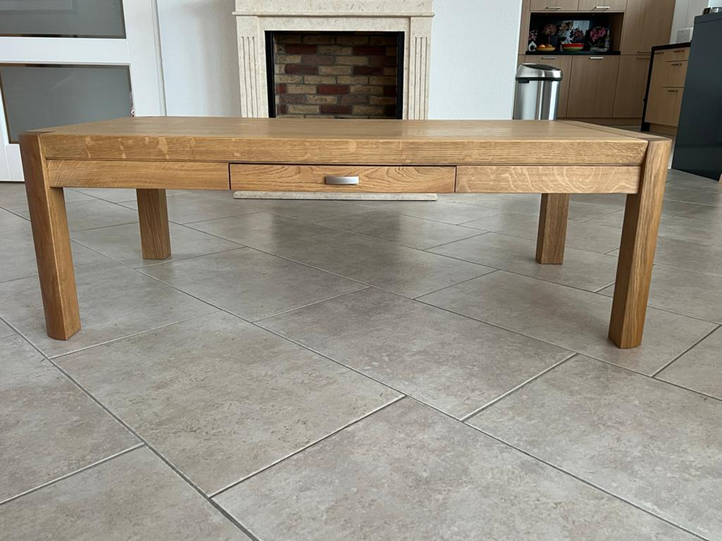 Massief Eiken Salontafel met Lade - Zo goed als nieuw, Ophalen, 50 tot 100 cm, 100 tot 150 cm, 50 tot 75 cm