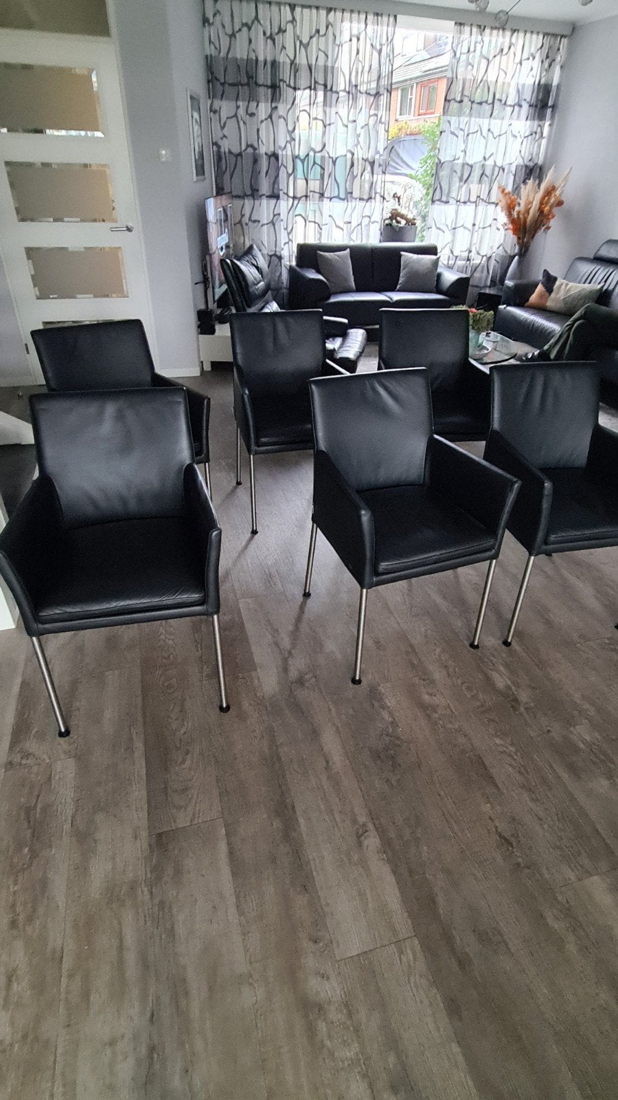 Movani Zwarte Lederen Stoelen (6 stuks) - Gebruikt, in Z.G.S, Ophalen, Gebruikt, Zwart, Leer