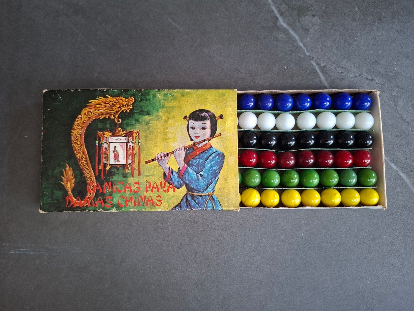 Vintage Chinees Damspel met Glazen Knikkers - Compleet, Ophalen of Verzenden, Gebruikt