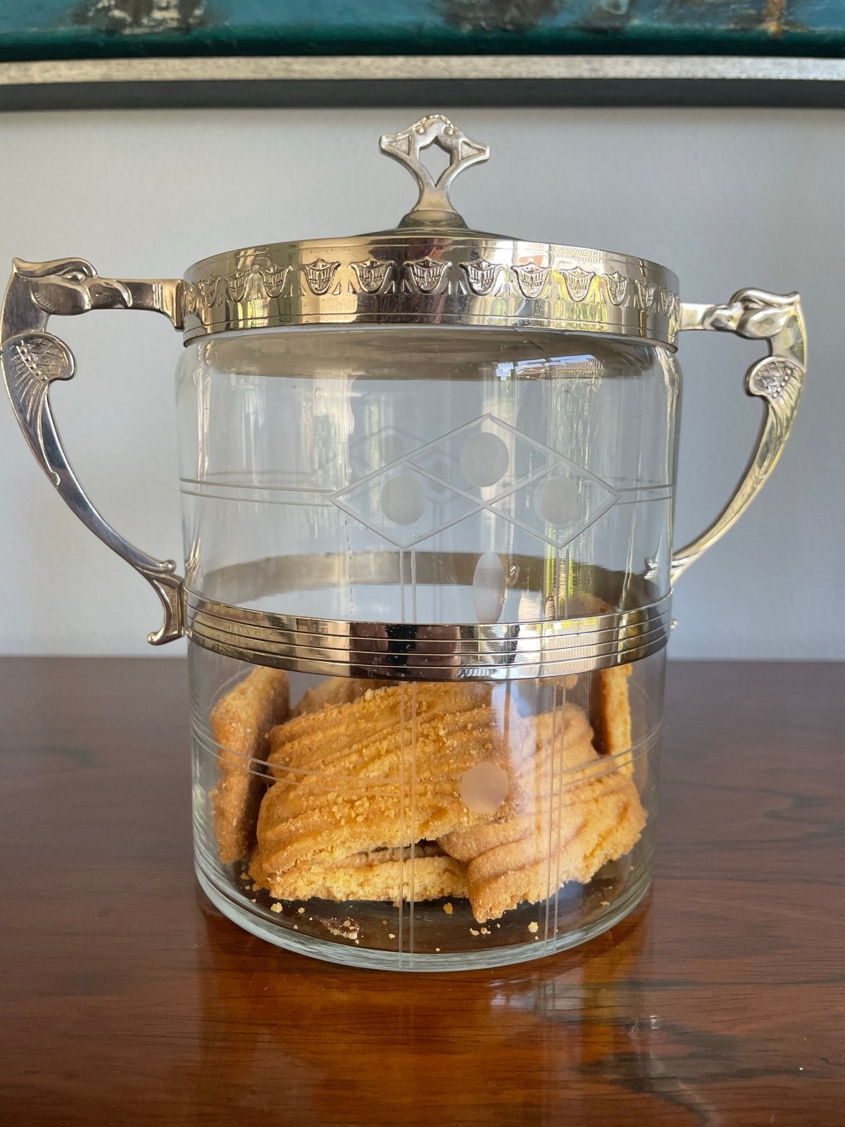 Art Deco koektrommel van geslepen glas en nikkelen montuur, Ophalen of Verzenden