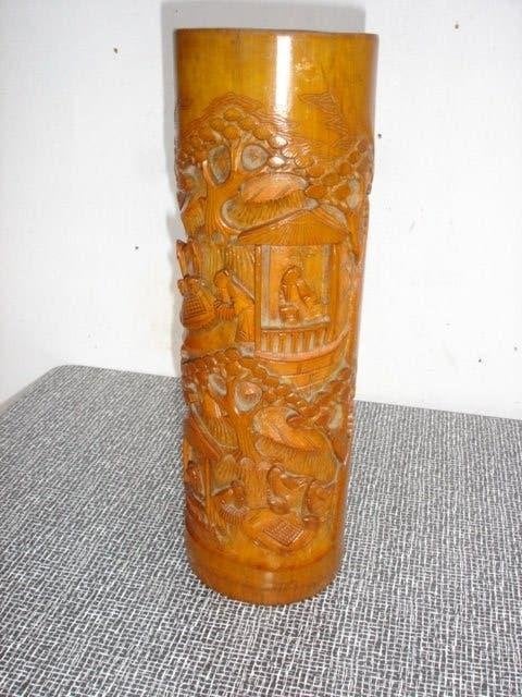 Vintage Chinese bamboe vaas/ penselen-pot snijwerk, Antiek en Kunst, Natuurlijk materiaal, Overige typen, Ophalen of Verzenden