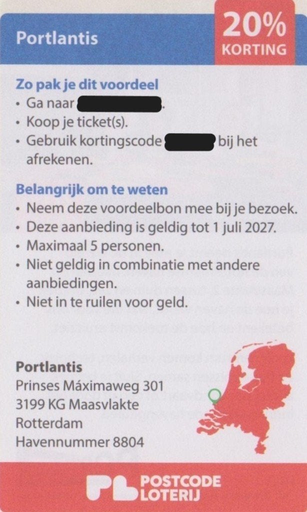 Portlantis. Rotterdam. 20% korting p.p. Postcodeloterij bon., Drie personen of meer, Kortingskaart
