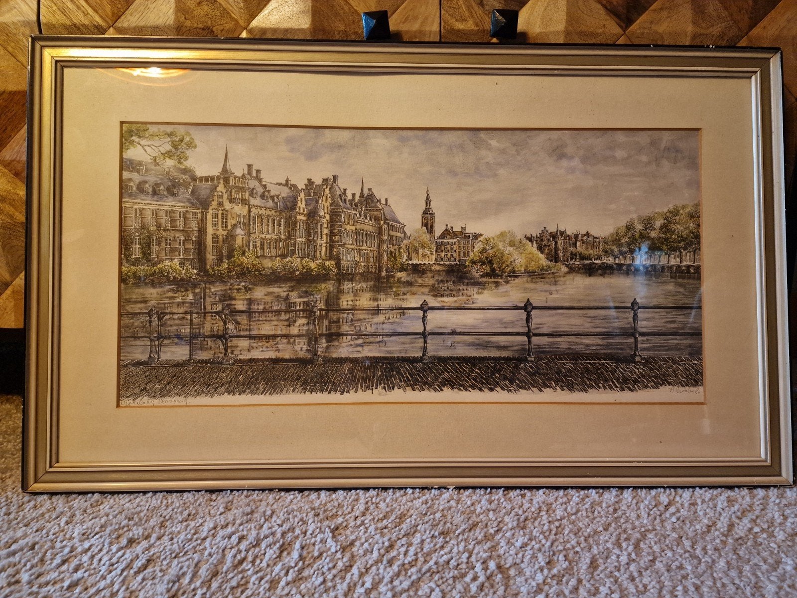 Schilderij hofvijver A. Brobbel, Antiek en Kunst, Ophalen, 44 cm, Architectuur, Gesigneerd