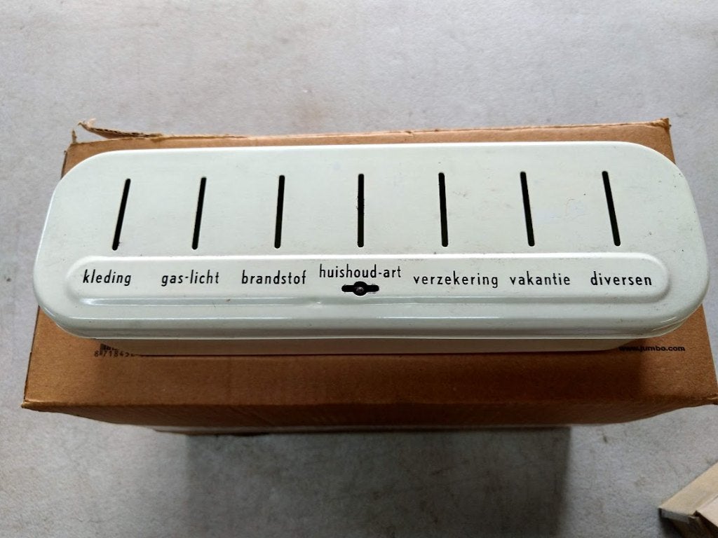 oude spaarpot spaarblik emaille voor Huishoudelijke uitgave, Ophalen of Verzenden