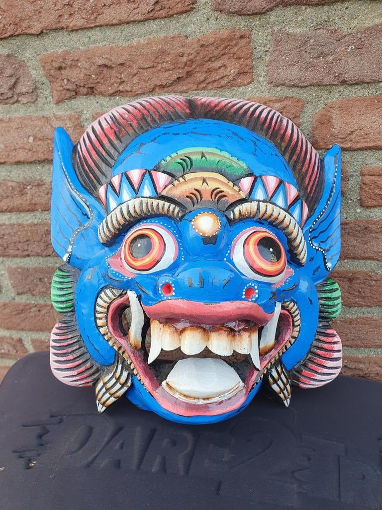 Handgesneden Balinees masker - Blauwe demon, Antiek en Kunst, Kunst | Niet-Westerse kunst, Ophalen of Verzenden