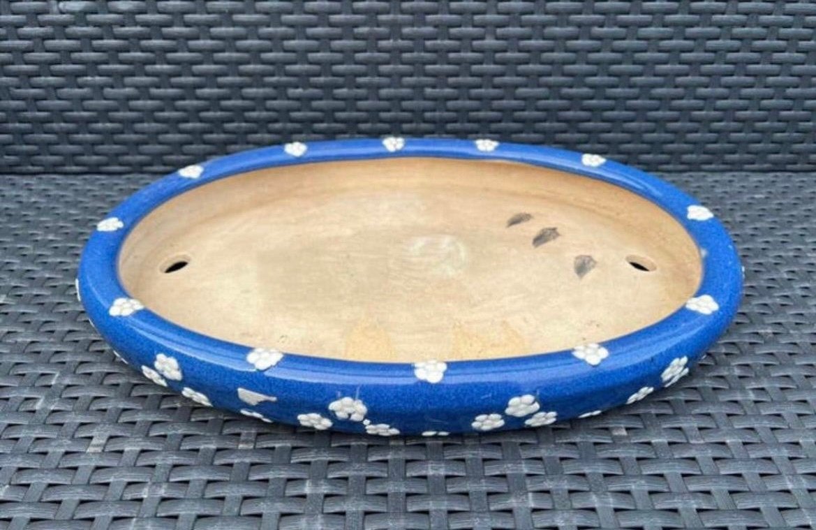Bonsai schaal blauw geglazuurd witte bloemen 37,2x26,3x4,8, Ophalen of Verzenden, Zo goed als nieuw, Overige vormen, Aardewerk