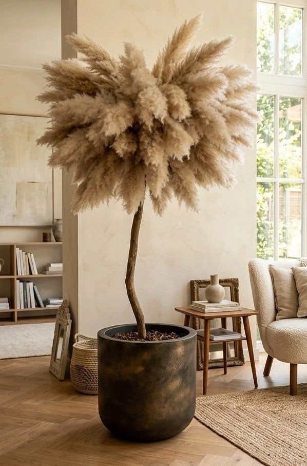 Pampas boom in zwart-gouden pot, 180 cm, Binnen, Natuurlijk materiaal, Handgemaakt