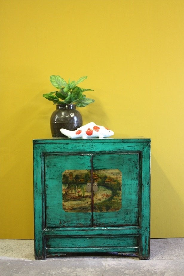Authentiek Beschilderd Kastje Groen Bohemian Landelijke Kast, Ophalen of Verzenden, Nieuw, Kleurrijk Vintage Look Bohemian Landelijk Stoer Retro Chic Boho