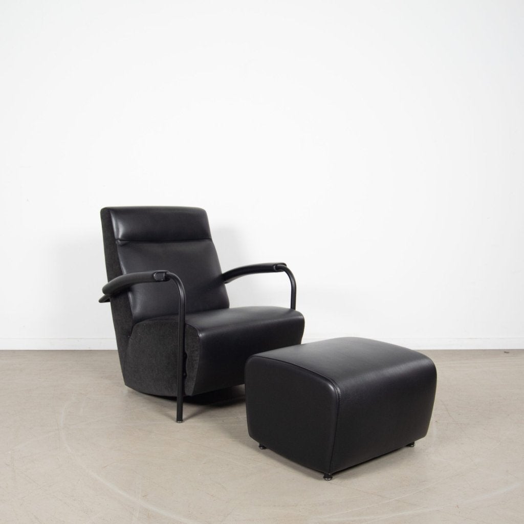 Leolux Scylla Fauteuil Hoog Zwart Leer/Stof + Hocker, Huis en Inrichting, Leolux, Zo goed als nieuw, Niet ingevuld, Niet ingevuld