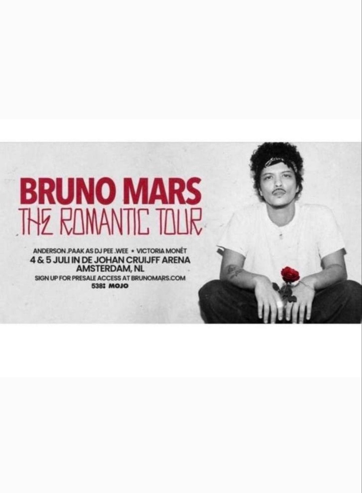 Bruno mars the romantic tour arena 7 Juli 1 staanplaats, Eén persoon, Juli