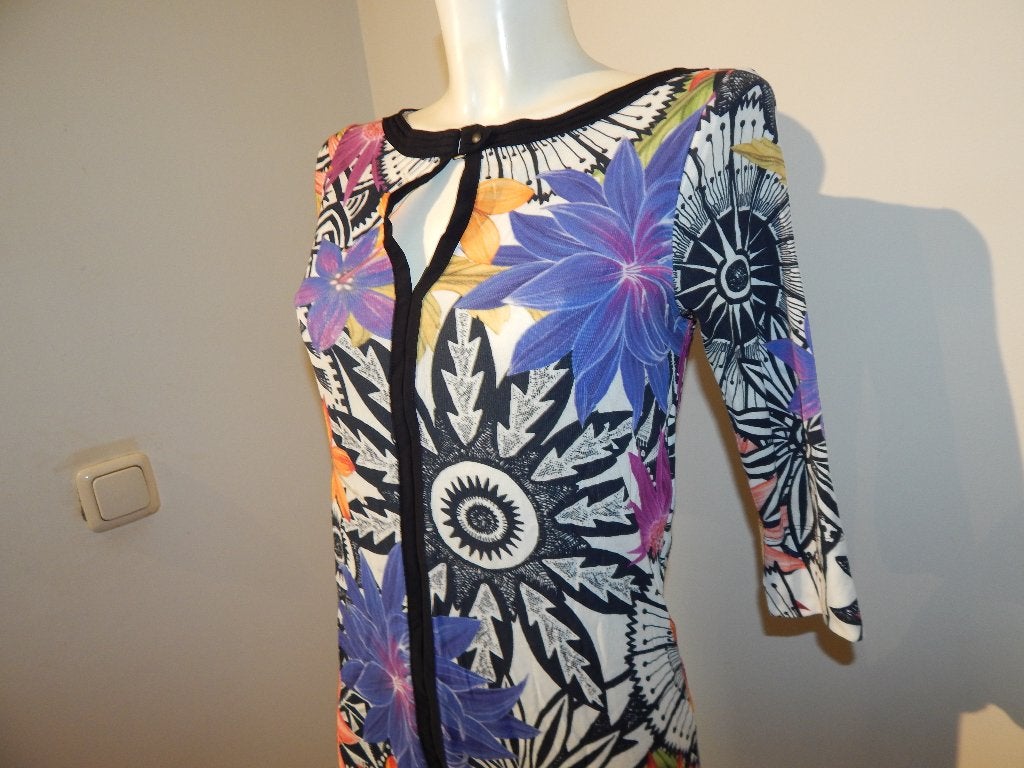Marccain stretch jurk fel gekleurde abstracte bloemen N2, Zo goed als nieuw, Knielengte, Maat 36 (S), Marccain