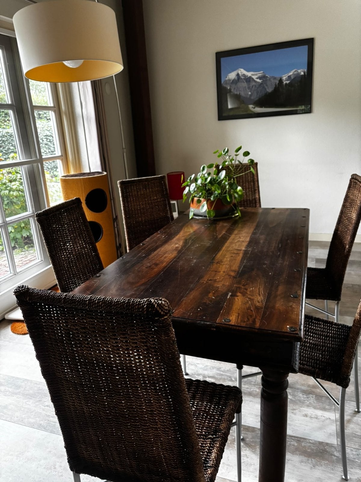 Koloniale eettafel (85x165 cm) met 6 rotanstoelen, Ophalen, Gebruikt, 50 tot 100 cm, Vijf personen of meer