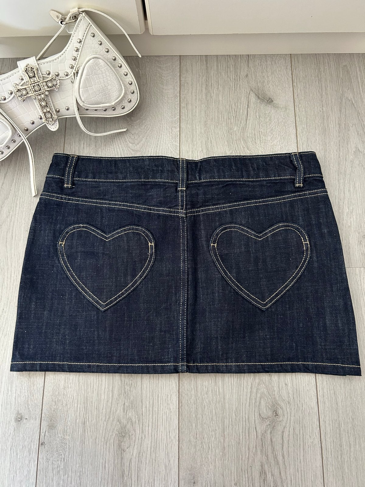 Mini spijkerrok met hart design (Y2k style) - Maat L - NIEUW, Maat 38/40 (M), Blauw, Nieuw, Boven de knie