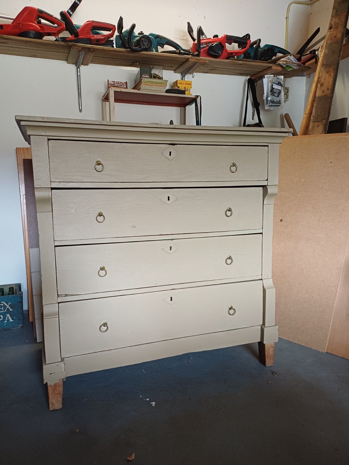 Nostalgische eikenhouten ladenkast in brocante kleurstelling, Ophalen, Gebruikt, 100 tot 150 cm, 100 tot 150 cm