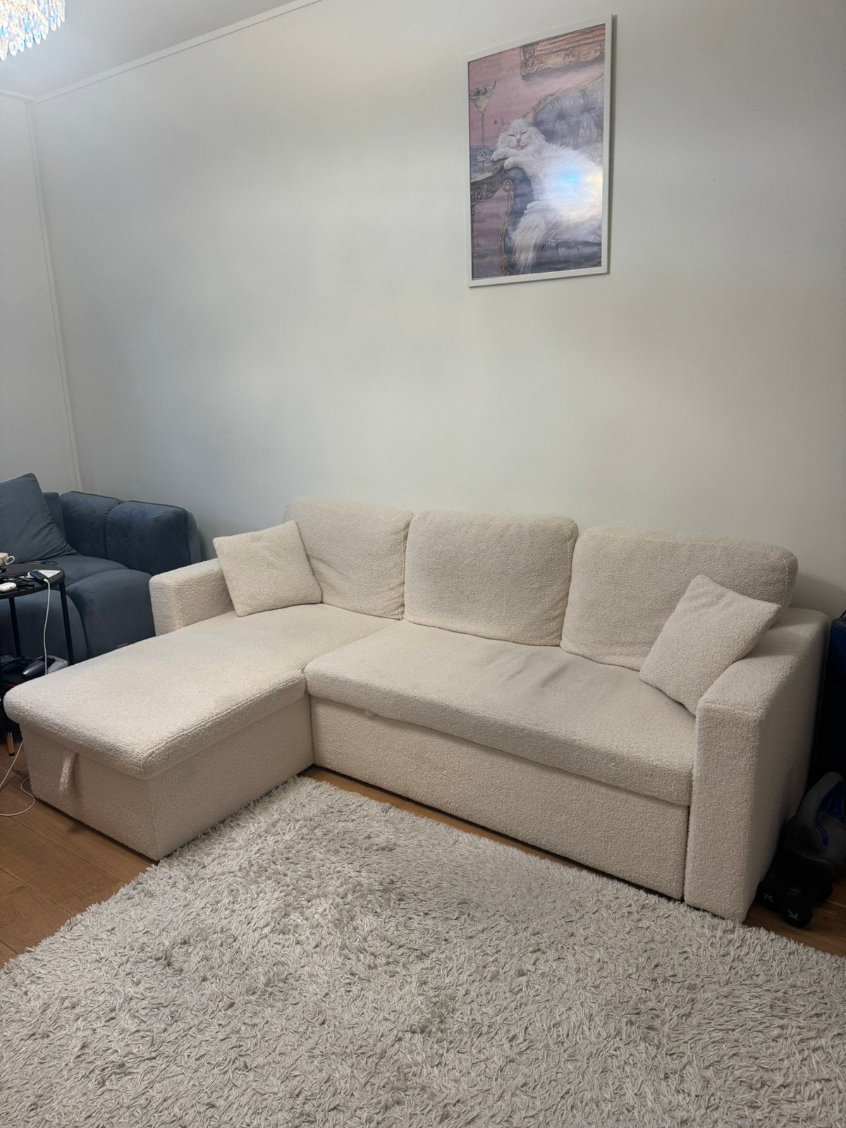 Cream bouclé corner sofa with storage, Ophalen, Gebruikt