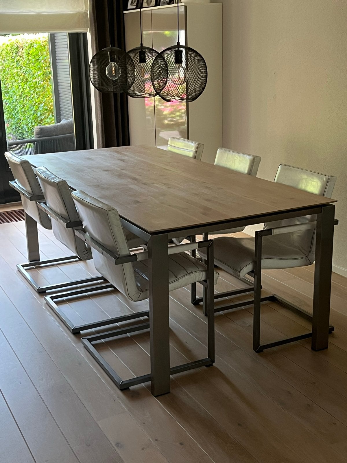 Moderne Eiken eettafel met rvs onderstel . 2.20x1.00 meter., Ophalen, 100 tot 150 cm, Eikenhout, 200 cm of meer