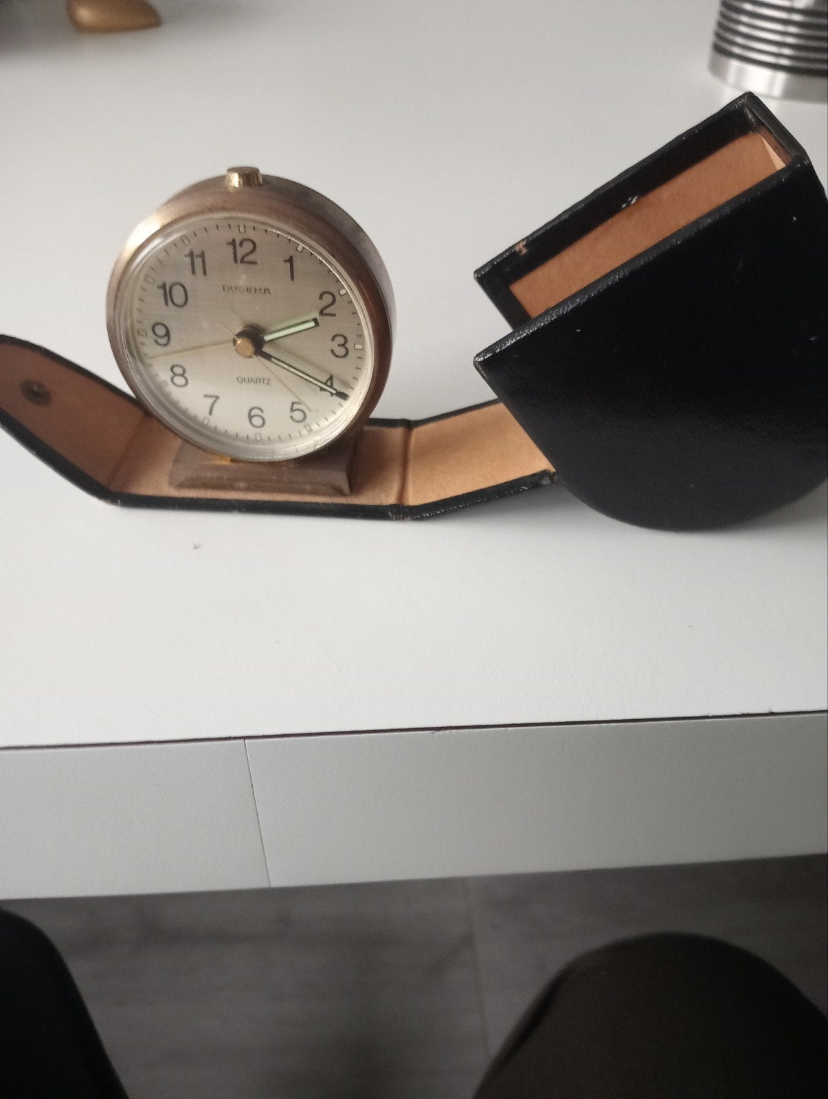 Vintage Dugena Quartz Reiswekker in Leren Etui bieden, Ophalen of Verzenden