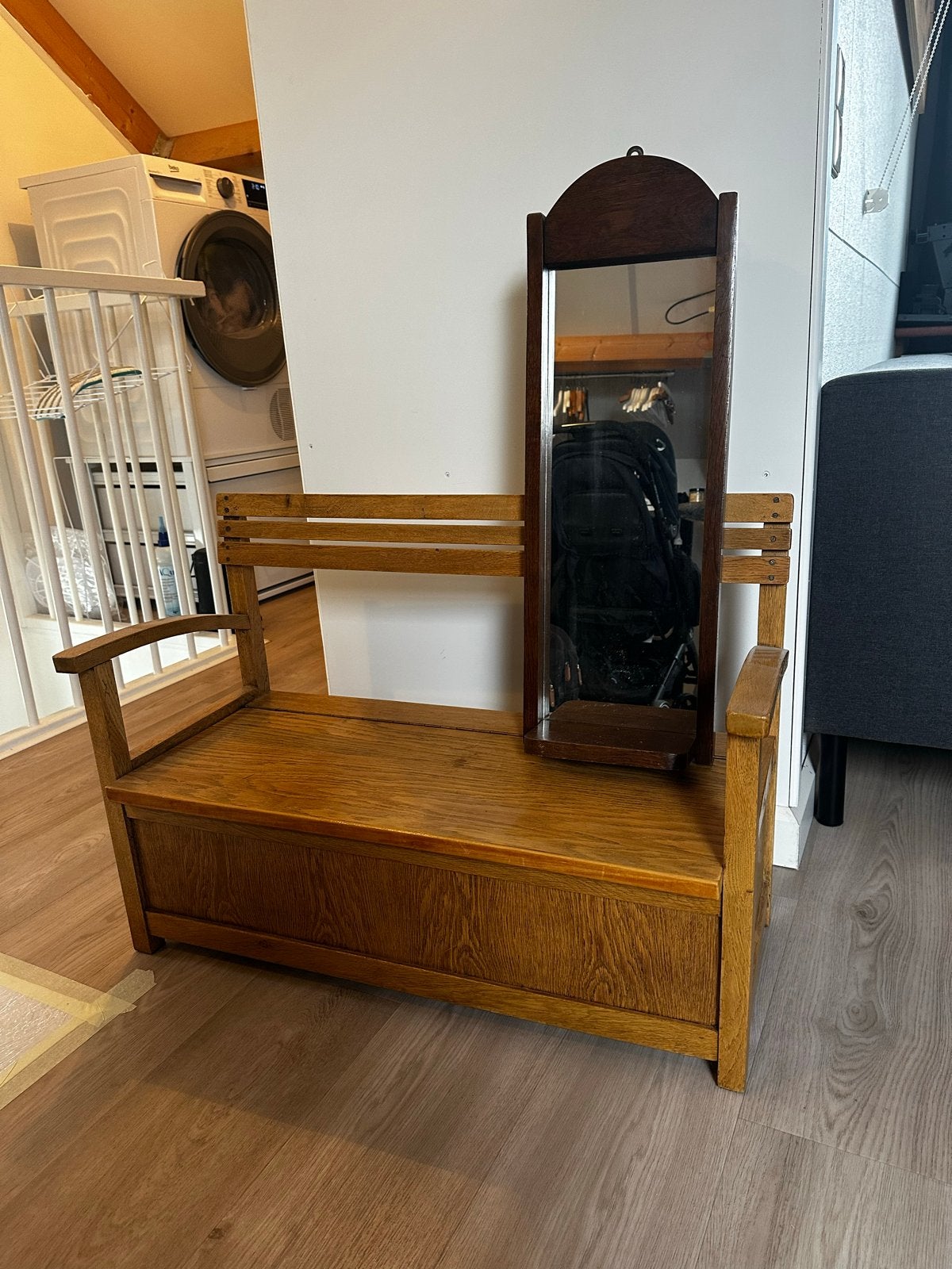 Antieke spiegel en opbergbankje, Antiek en Kunst, Antiek | Meubels | Stoelen en Banken, Ophalen
