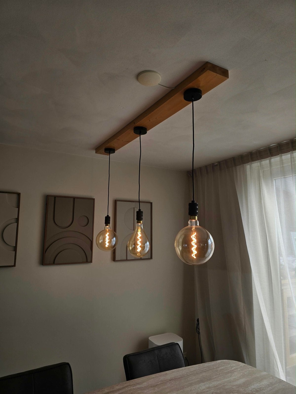 Houten balklamp met 3 Philips Giant LED lampen - 160 cm, Huis en Inrichting, Lampen | Hanglampen, Ophalen, Zo goed als nieuw, Hout