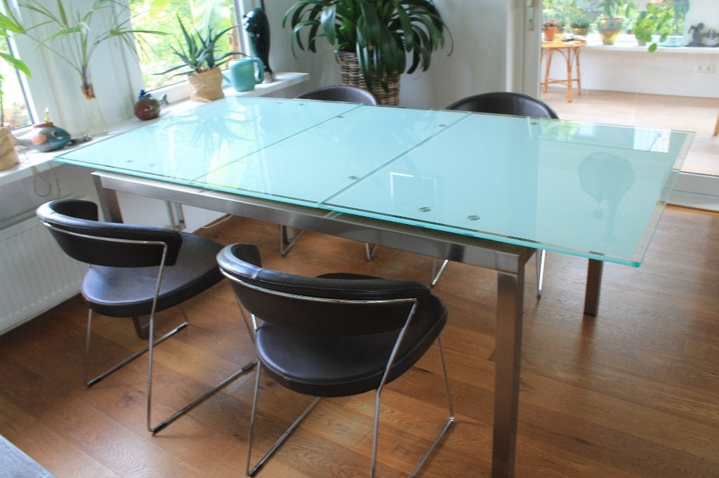 Moderne glazen uitschuifbare eettafel met 4 stoelen, Ophalen, Gebruikt, Glas, 200 cm of meer